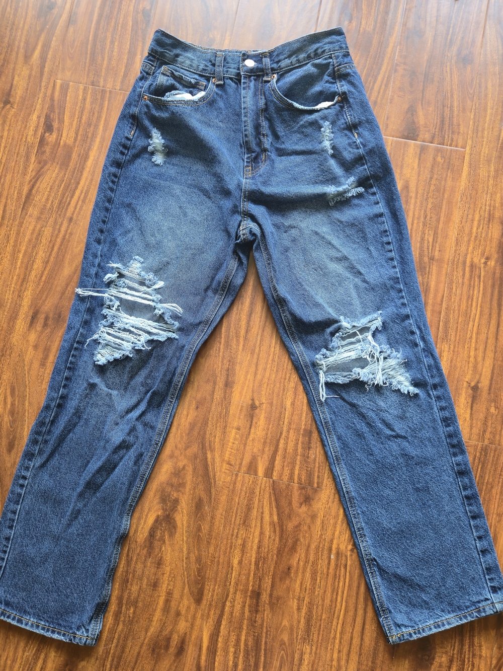 Wax Jean Distressed Dark Blue Boyfriend Jeans Med